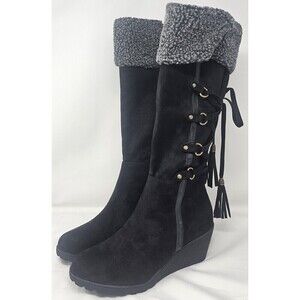 I Love Billy BettyBoo Black Faux Suede Knee High Winter Zip Tye Boots Sz 41